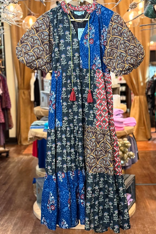 Puff Sleeve Block Tiered Dress