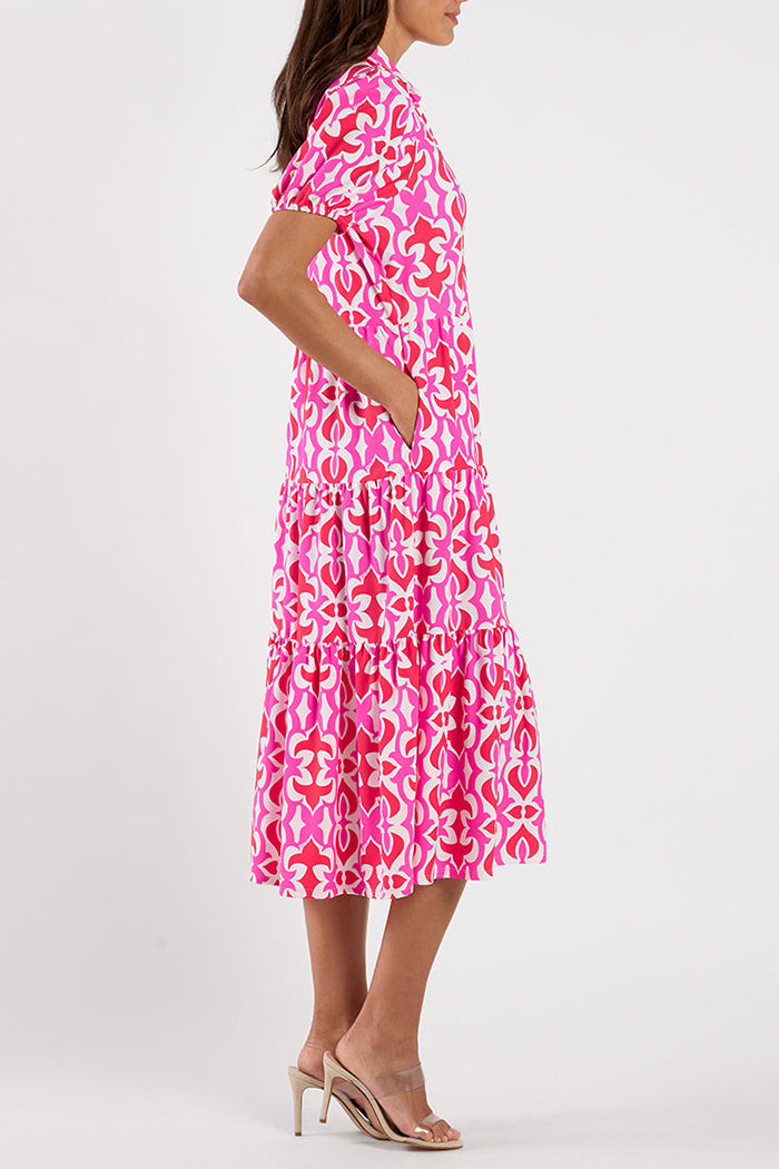 Puff Sleeve Pocket Tiered Midi Dress