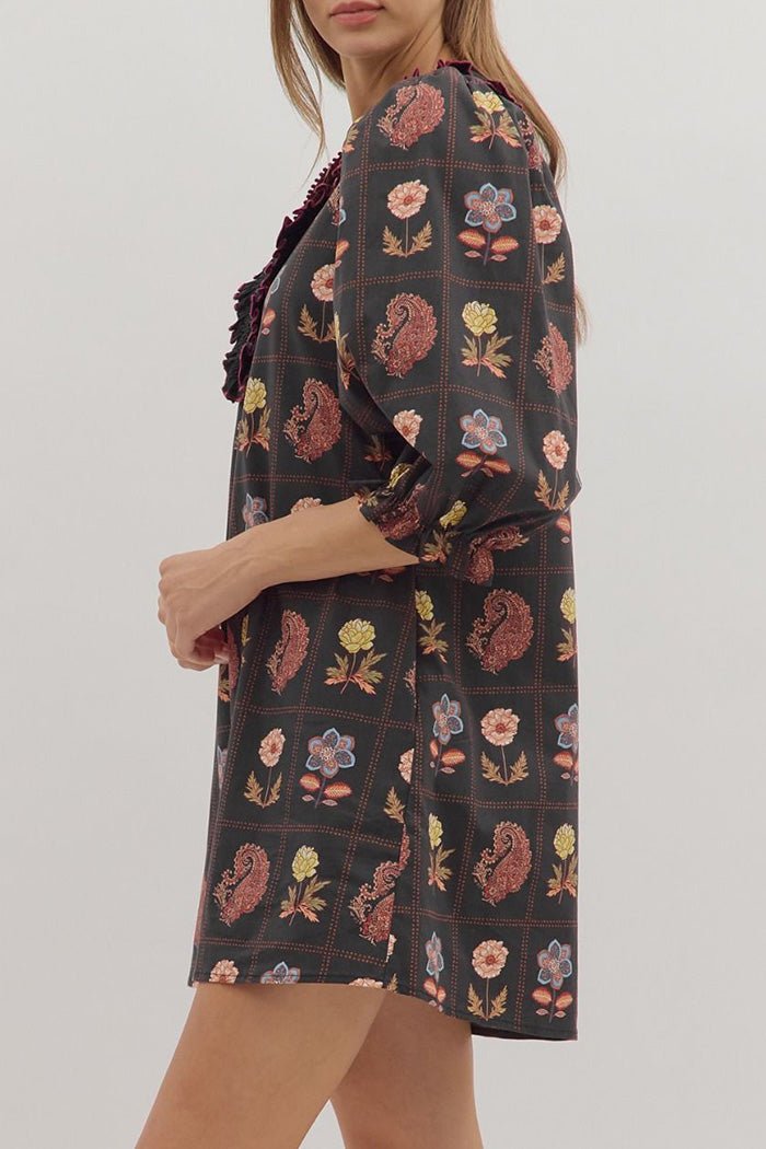 3/4 Puff Sleeve Smocked Pocketed Floral Mini Dress