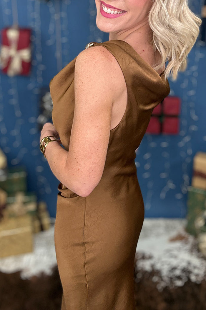 Crinkle Cowl Neck Draped Midi Dress