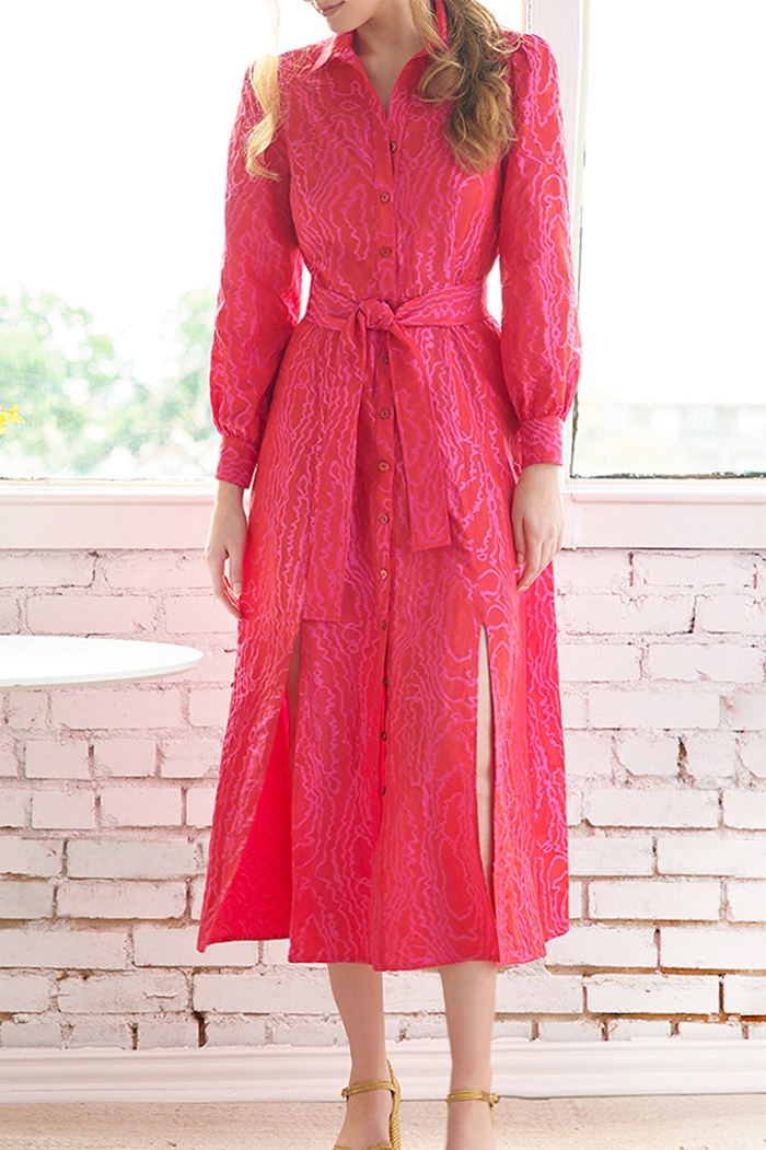 Patterned Button-Front Belted Maxi Dress