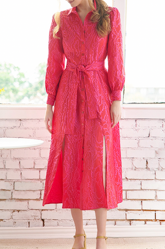 Patterned Button-Front Belted Maxi Dress