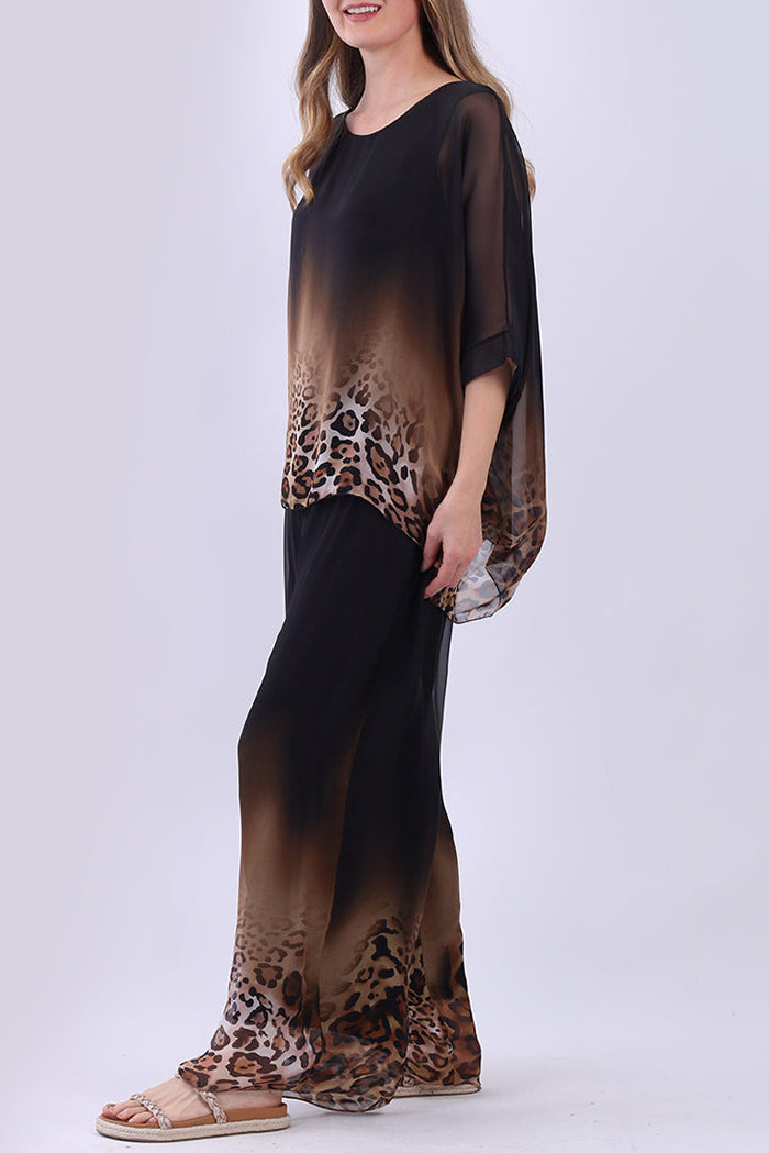 Leopard Layered Batwing Top Wide Leg Pants Set