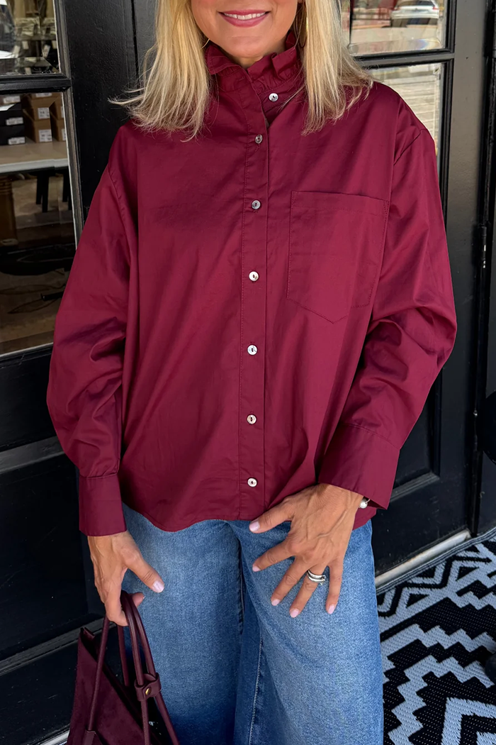 Ruffle Collar Button Front Long Sleeve Top