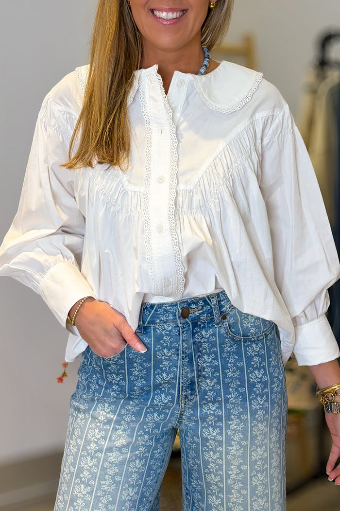 Eyelet Ruffled Collar Top