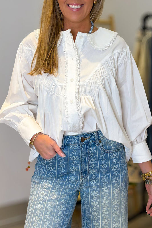 Eyelet Ruffled Collar Top
