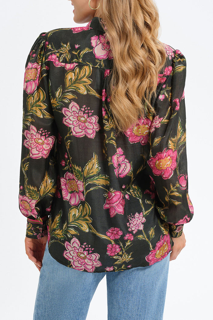 Vine Floral Print Stripe Trim Top