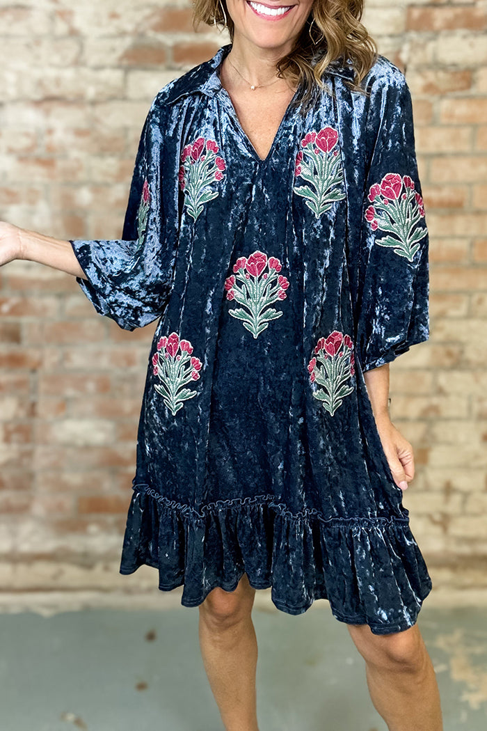 Velvet Floral Embroidered Shirt Collar Ruffled Mini Dress