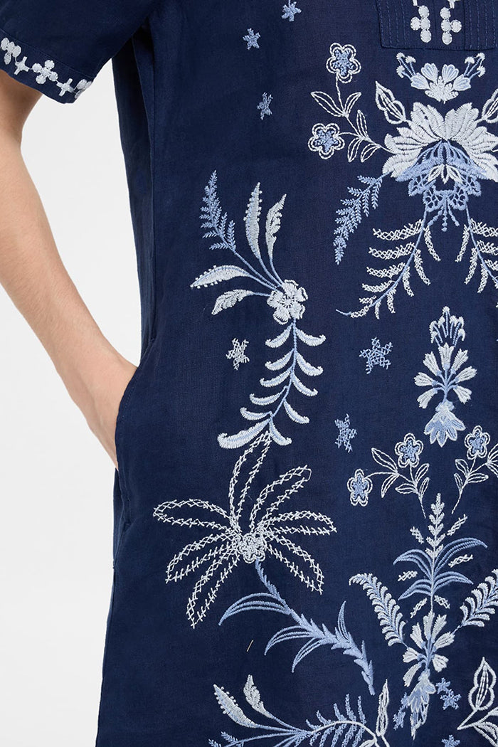 Pocketed Floral  Embroidered Shirt Dress