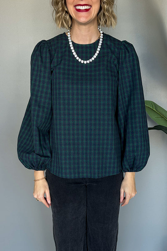 Plaid Crew Neck Puff-Sleeve Blouse