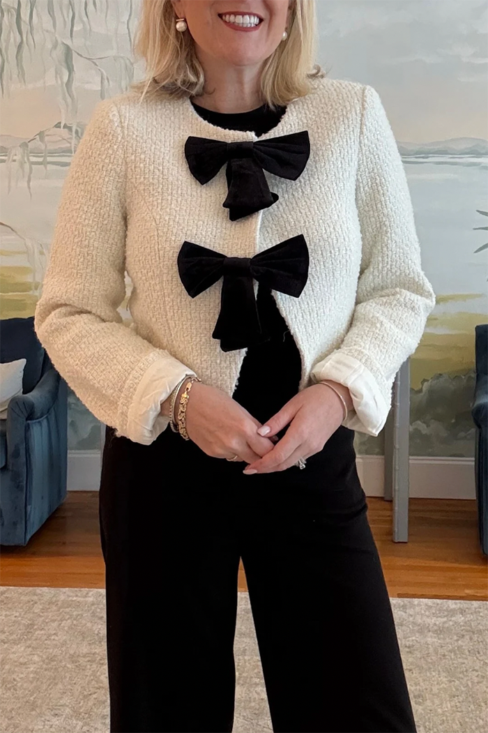 Velvet Bow Cropped Tweed Jacket