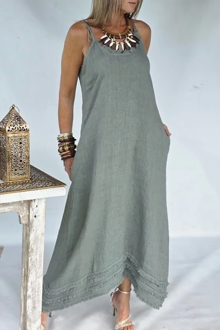 Fringe Neck Hem Pocket Maxi Dress