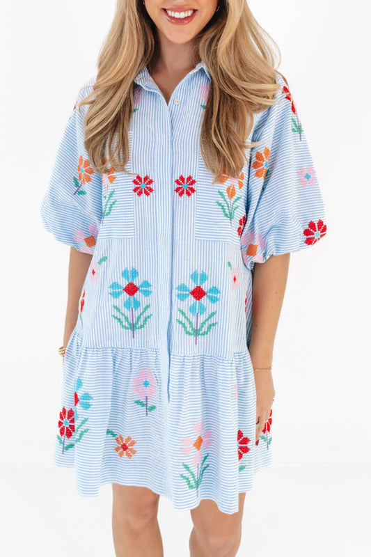 Striped Puff Sleeve Floral Dress