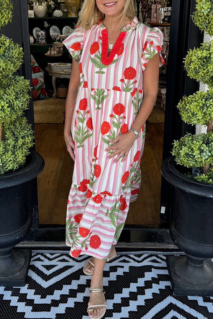 Striped Floral Ruffle Sleeve Pocket Dress