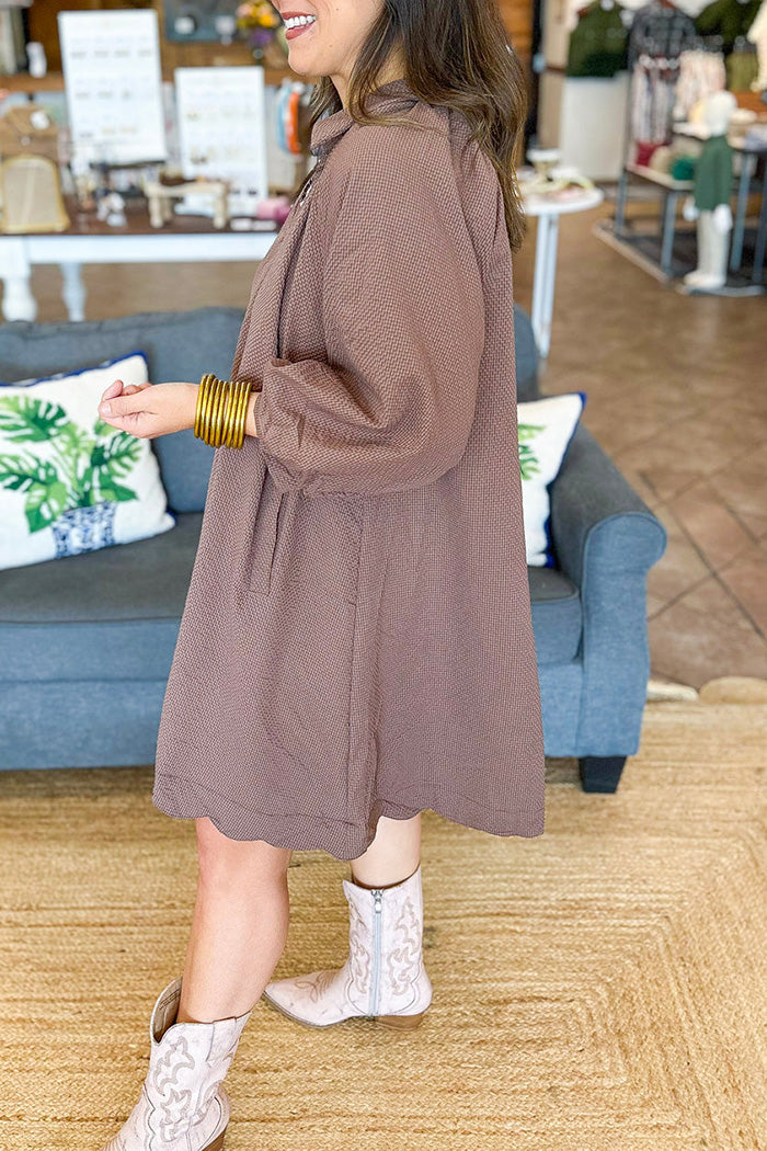 Pocketed Bubble Sleeve Scallop Dress