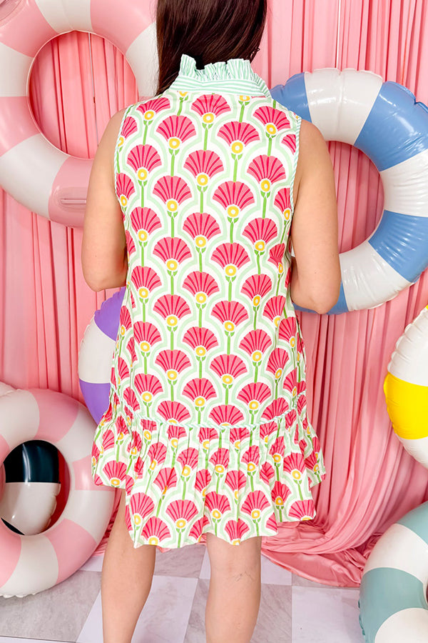 Pleated Collar Sleeveless Floral Dress