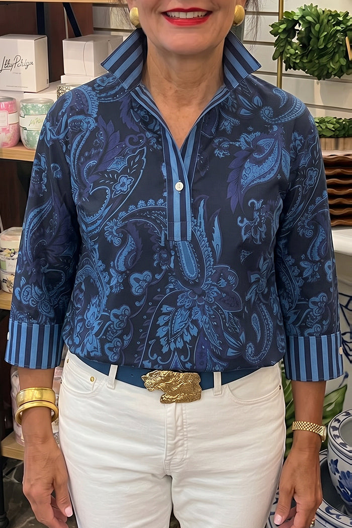 Paisley Floral Cuff Trim Popover Top