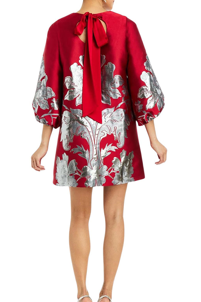 Metallic Floral Puff-Sleeve Mini Dress