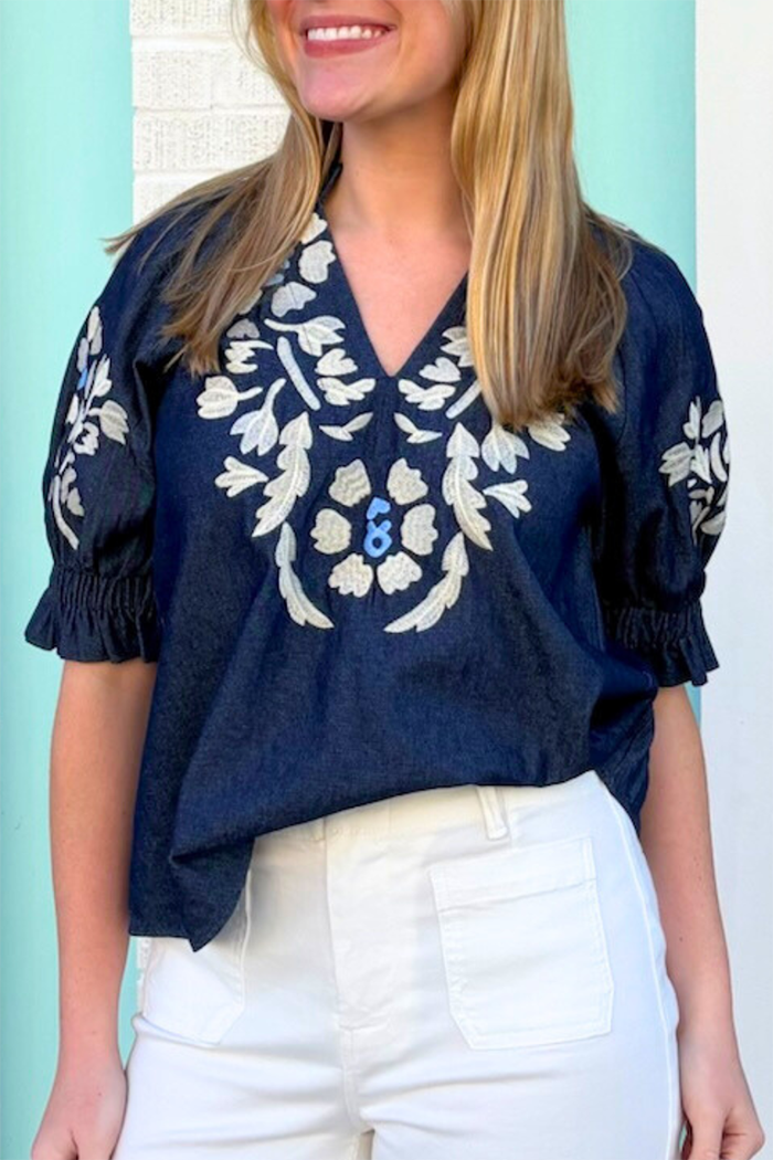 Puff Sleeve Floral Embroidery Top