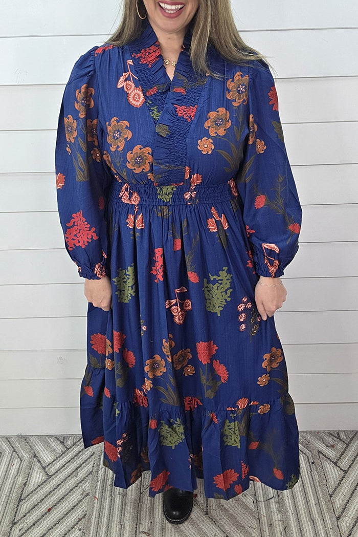 Floral Elastic Waist V Neck Long Dress