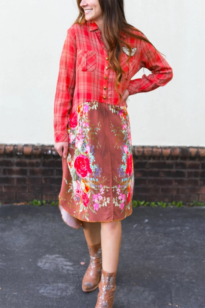 Casual Plaid Floral Dress