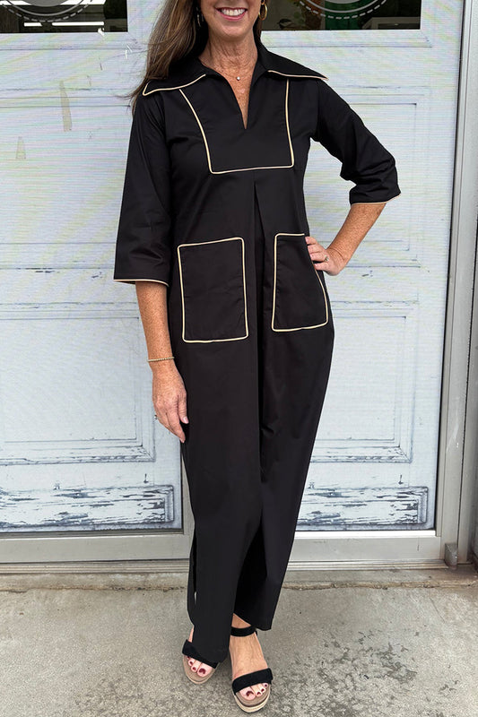 Contrast Pocketed Collared Maxi Dress