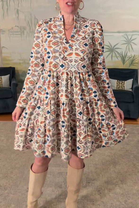 Vintage Floral Long Sleeve Pleated Dress