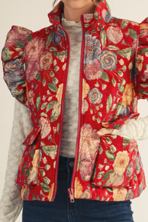 Ruffled Cap Sleeves Floral Jacquard Zip Up Vest