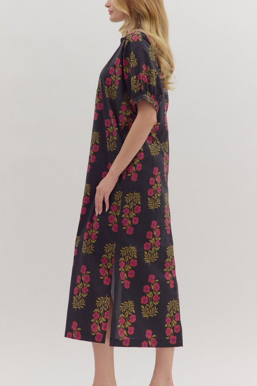 Floral Print Puff-Sleeve Split Maxi Dress