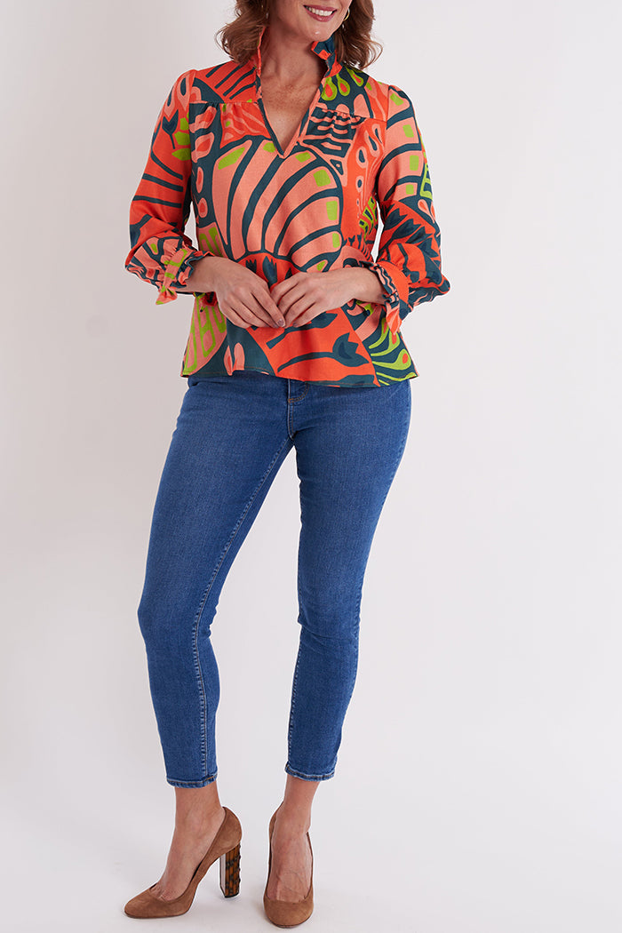 Artistic Print Ruffled Collar Blouse