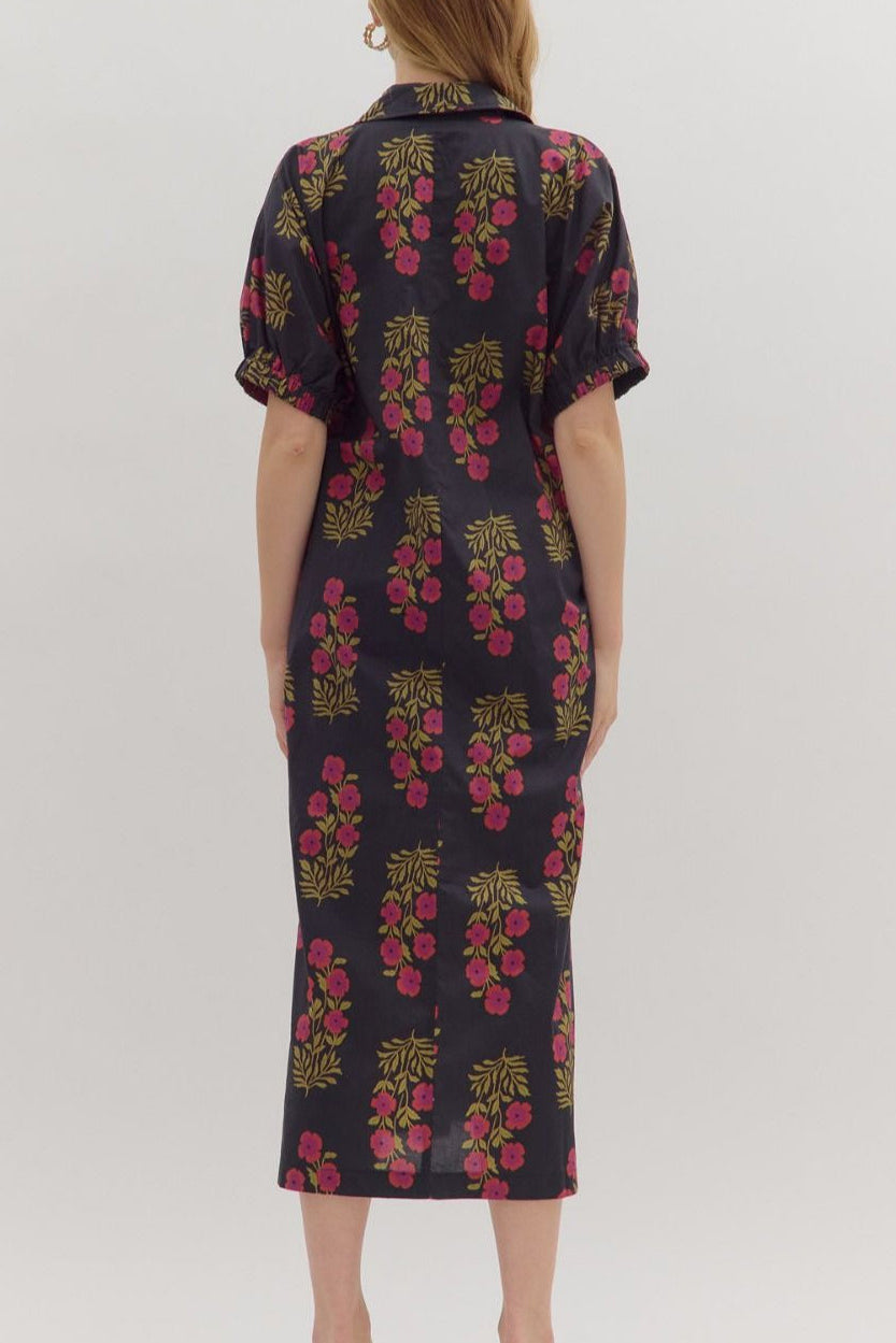 Floral Print Puff-Sleeve Split Maxi Dress