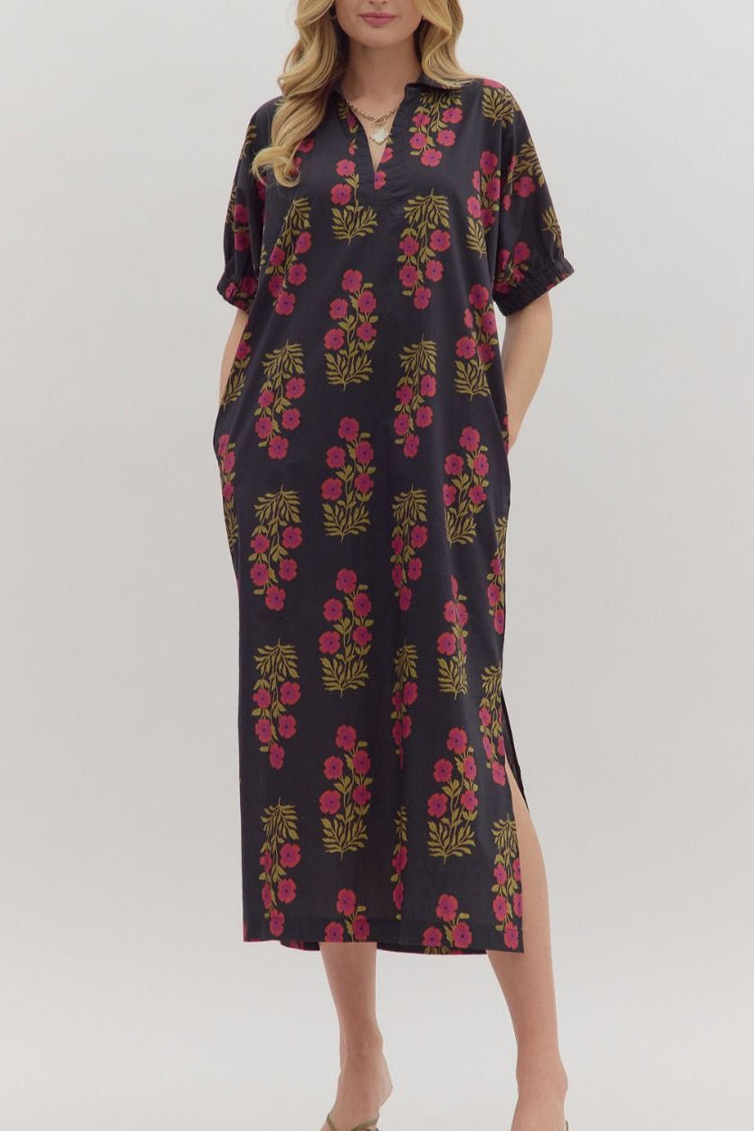 Floral Print Puff-Sleeve Split Maxi Dress