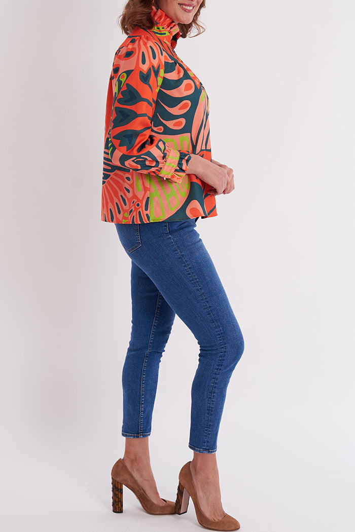 Artistic Print Ruffled Collar Blouse