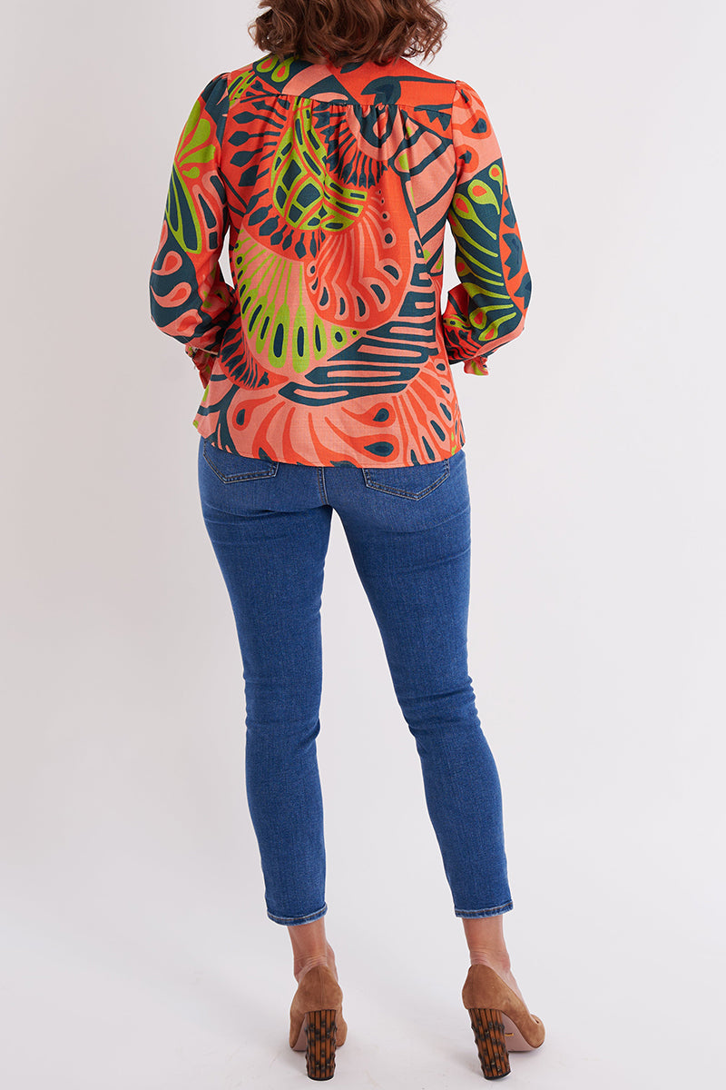 Artistic Print Ruffled Collar Blouse