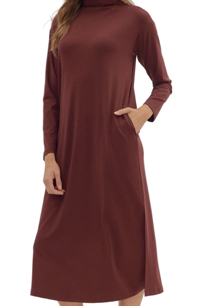Solid Long Sleeve Side Pockets Dress