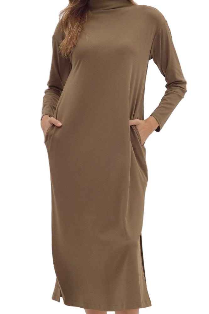 Solid Long Sleeve Side Pockets Dress
