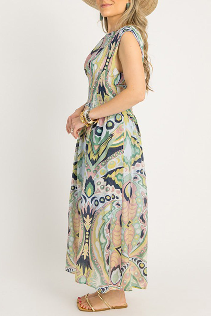 Abstract Print Pleated Front Midi Dress