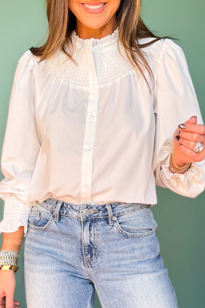 Button-Front Long Sleeve Blouse
