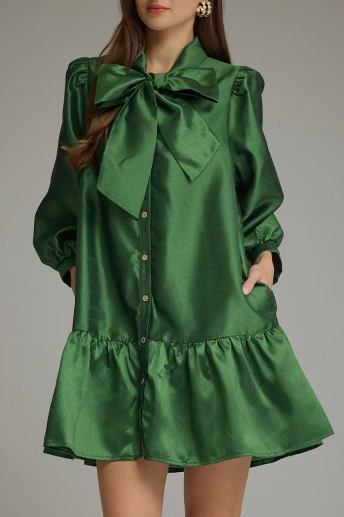 Bow Neck Ruffle Shirt Dress