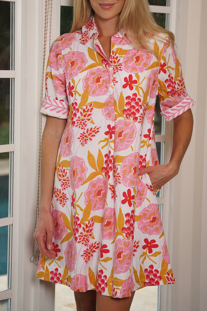 Pink Floral Collared Cuffed Sleeve Pocketed Dress