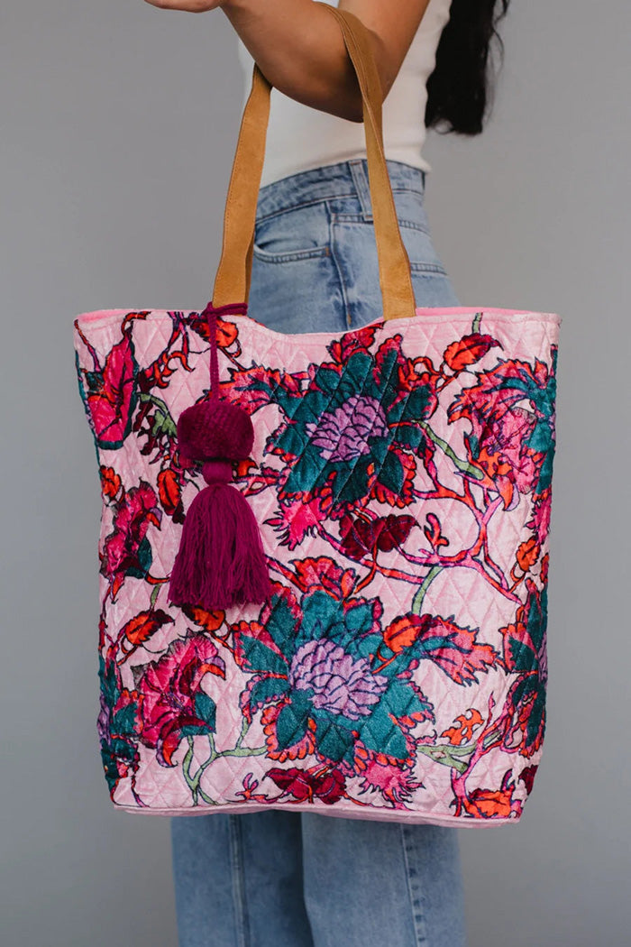 Quilted Floral Tassel Tote