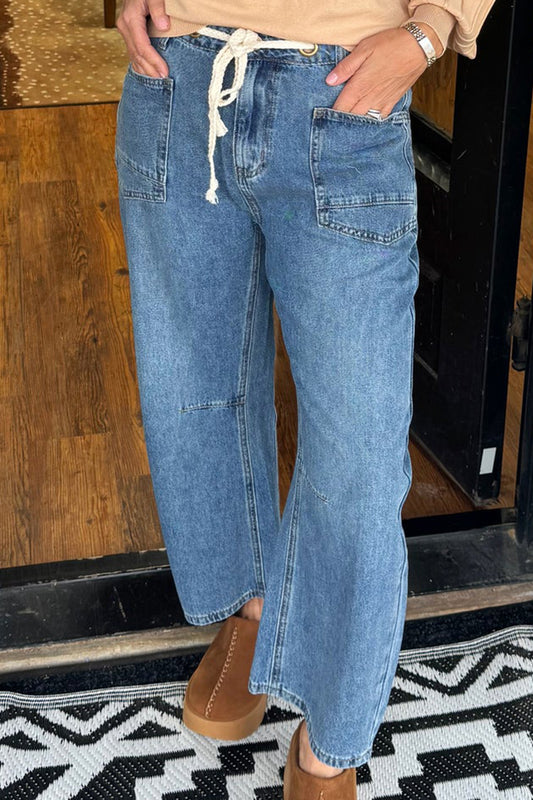 Denim Drawstring Pocket Wide Leg Jeans