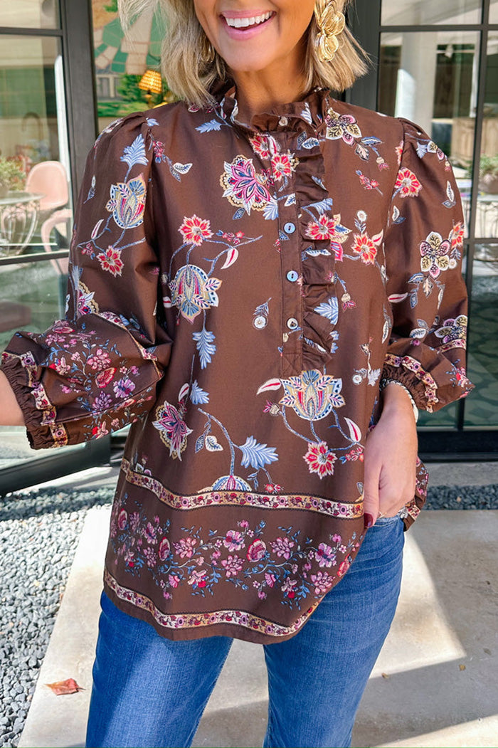 Brown Floral Ruffle Neck Button Front Top