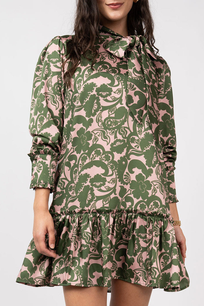 Bow Neck Tie Ruffle Hem Dress