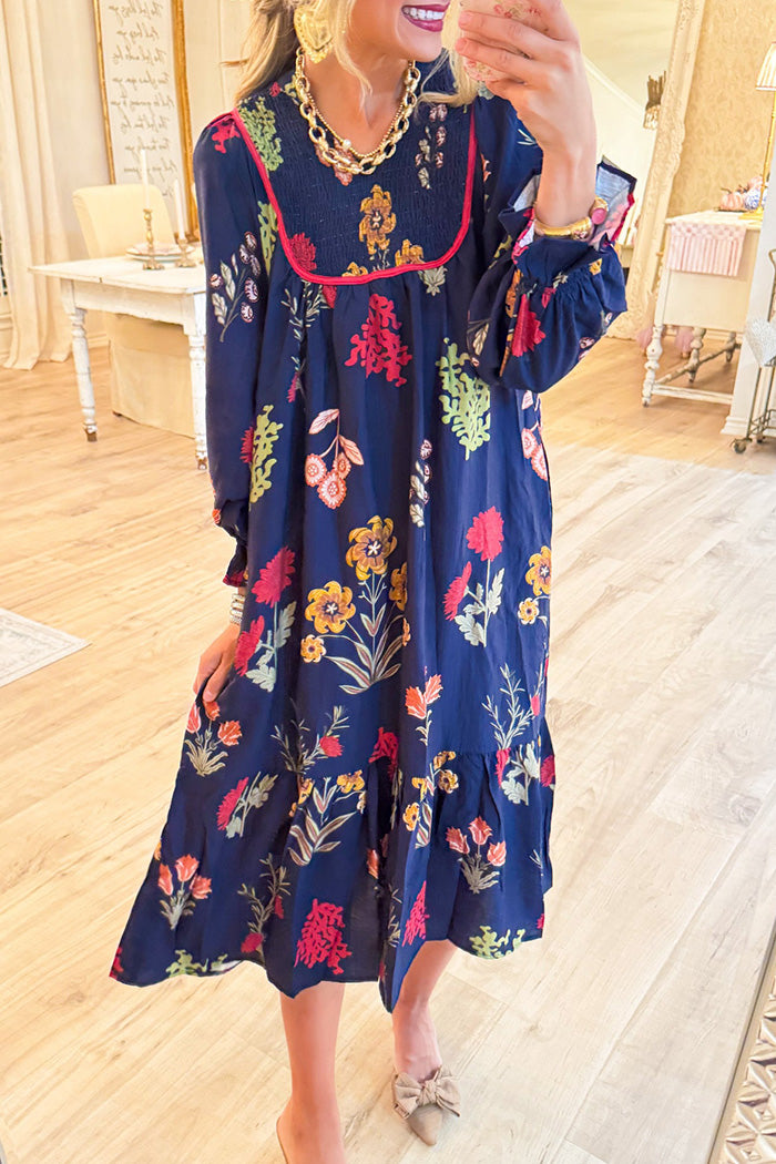 Floral Print Smocked Yoke Tiered Pocket Maxi Dress