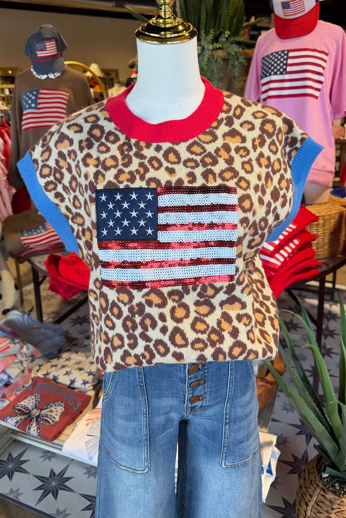 Leopard Flag Patch Short Sleeve Top
