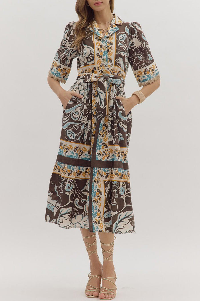 Short-Sleeve Belted Pocketed Floral Midi Dress