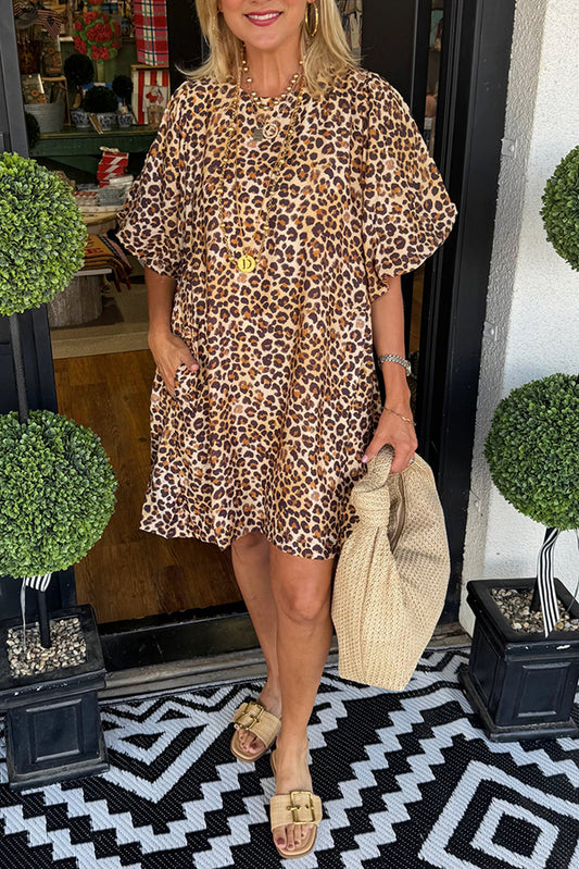 Puff Sleeves Leopard Pocket Dress