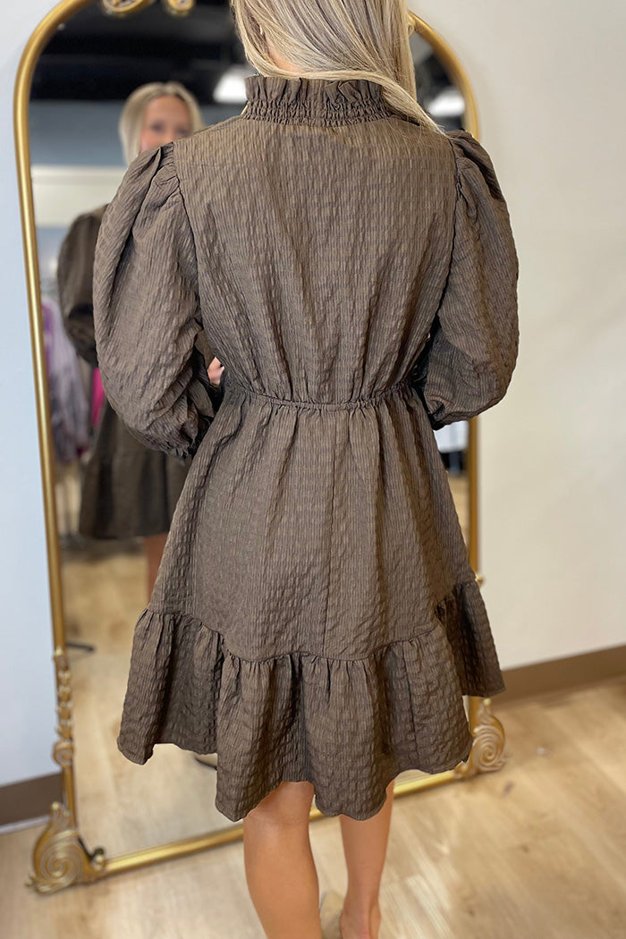 1/2 Sleeve Textured Ruffle Accent Dress