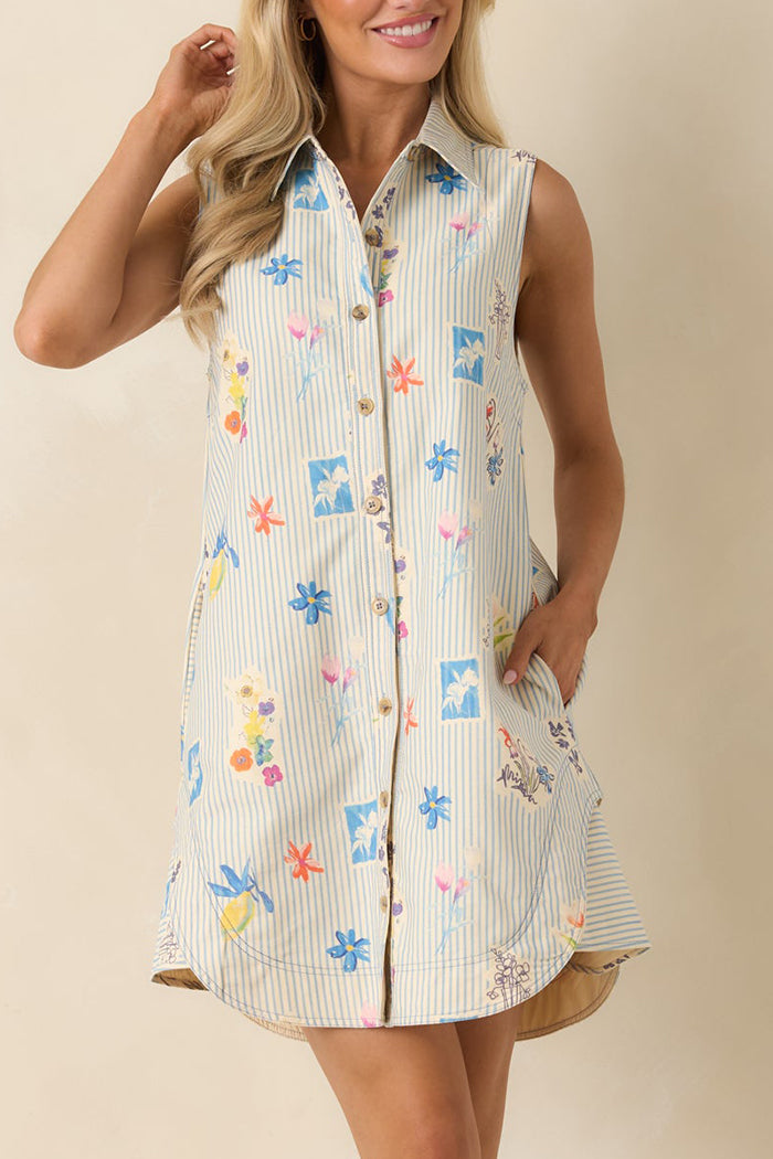 Blue Multi Floral Stripe Pocket Dress